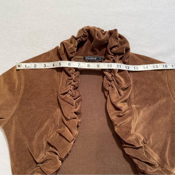 Pena House Long Sleeve Brown Velvet Ruffled Shrug Cropped Open Cardigan, Size M - Picture 6 of 8